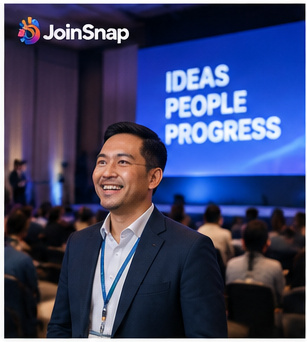 Conference attendee smiling in front of the event stage