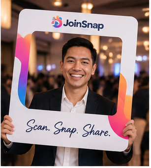 Guest holding a colorful JoinSnap photo frame